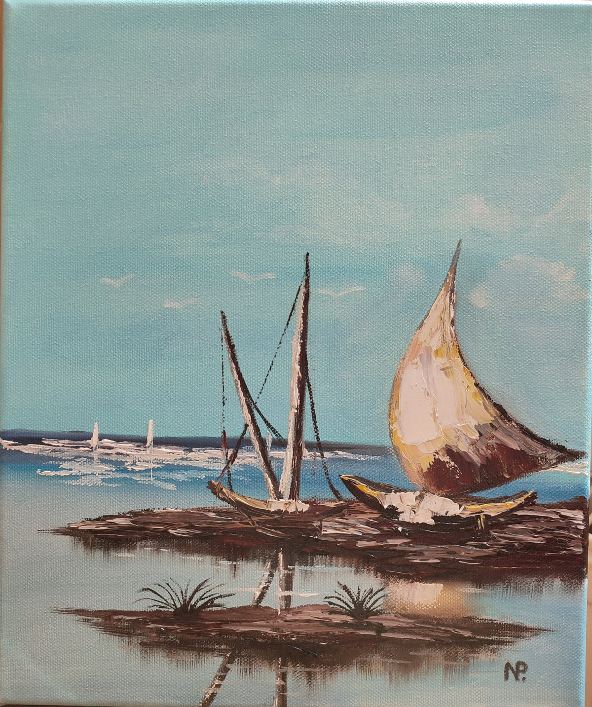 Boat, sea, landscape oil painting