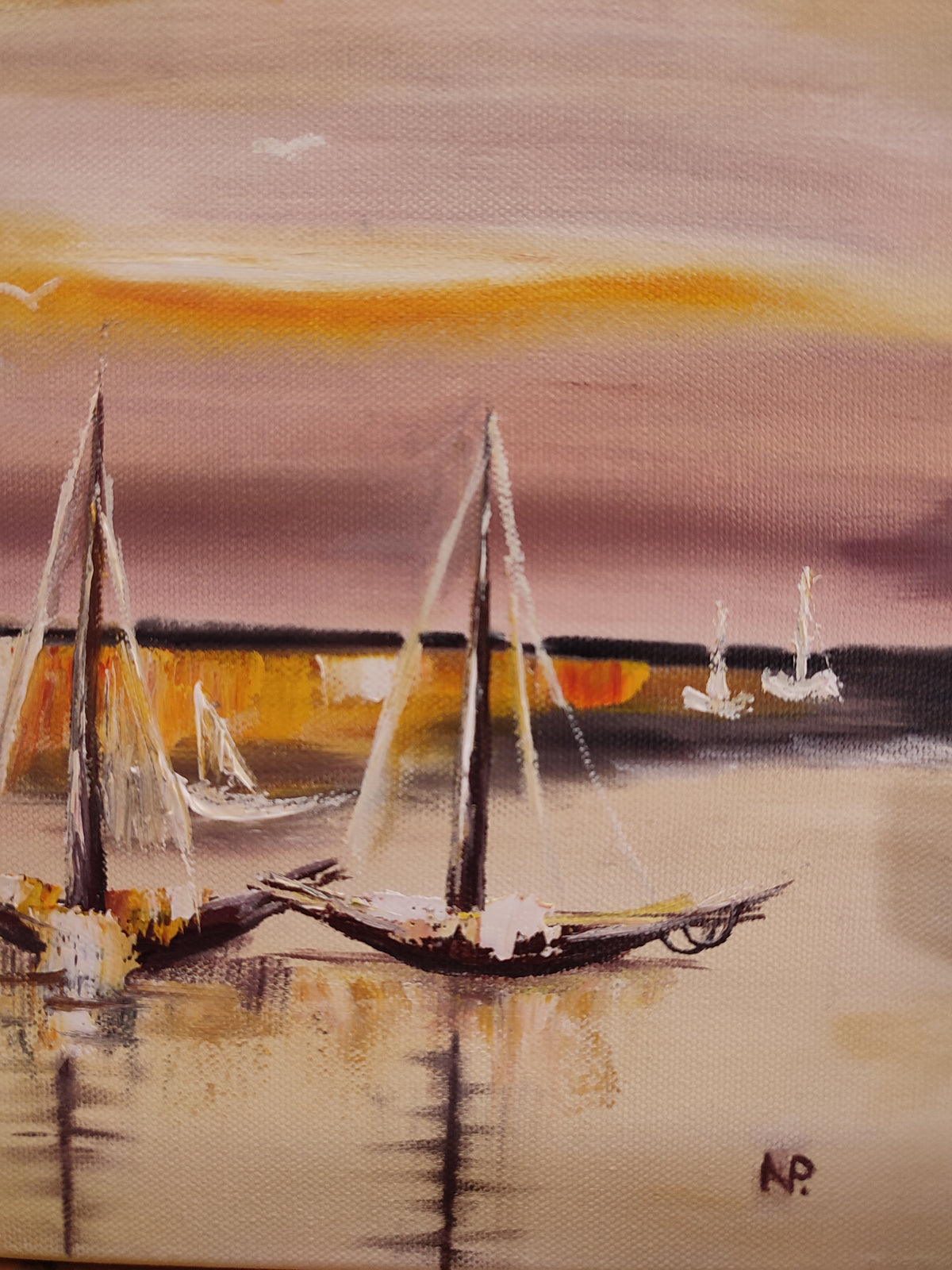 "Boats at the sunset" — Original Impressionistic Sunset Oil Painting by Nataliia Plakhotnyk