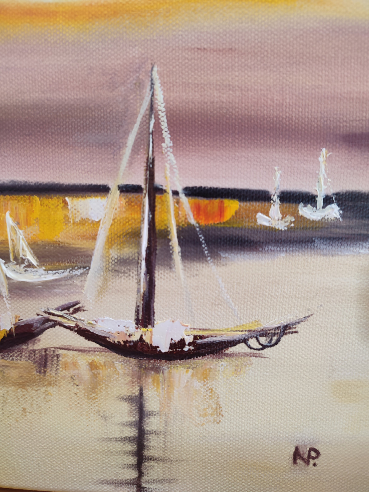 "Boats at the sunset" — Original Impressionistic Sunset Oil Painting by Nataliia Plakhotnyk