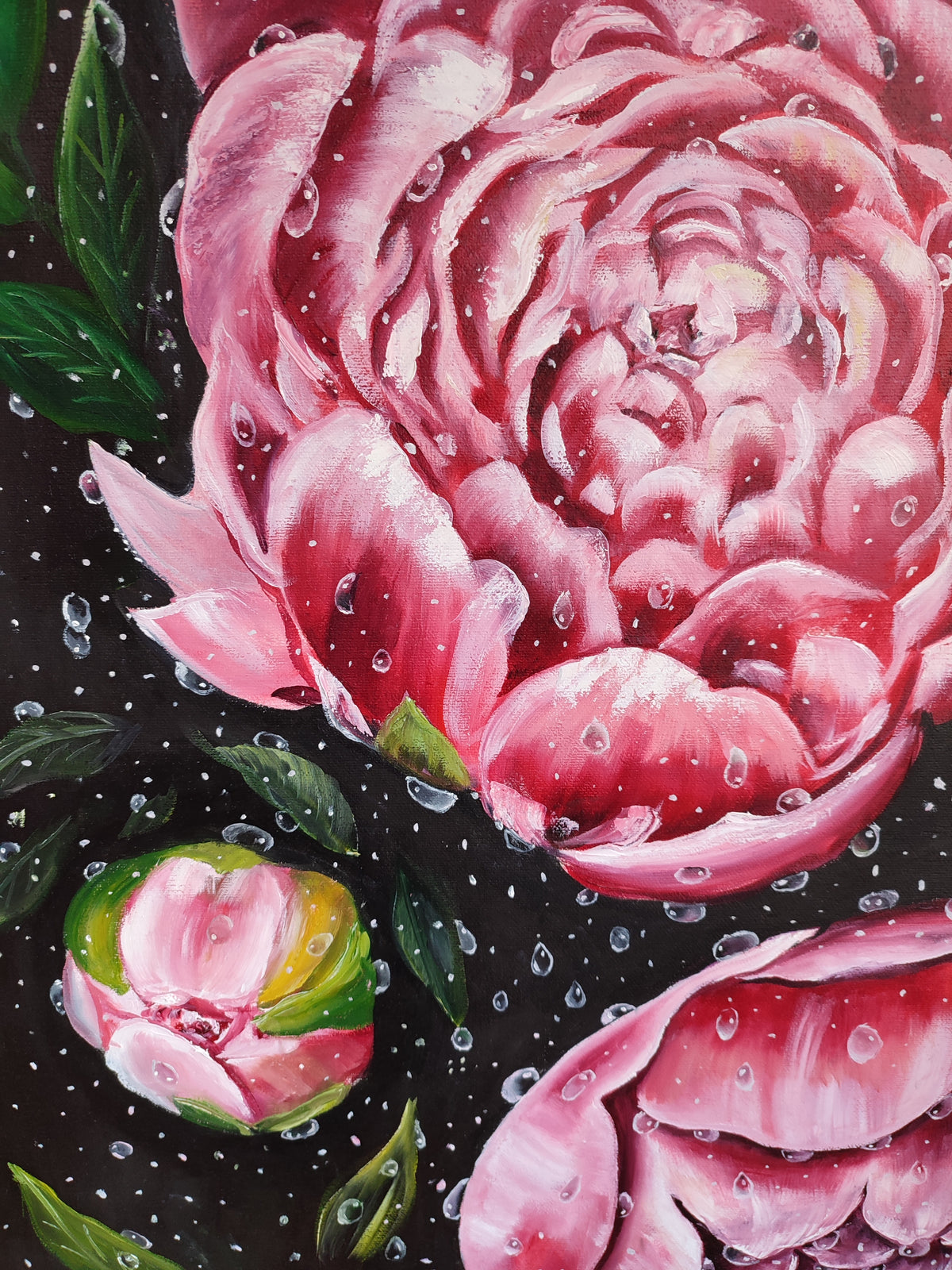 "Peonies in Drops" — Original Impressionistic Pink Peonies Oil Painting by Nataliia Plakhotnyk
