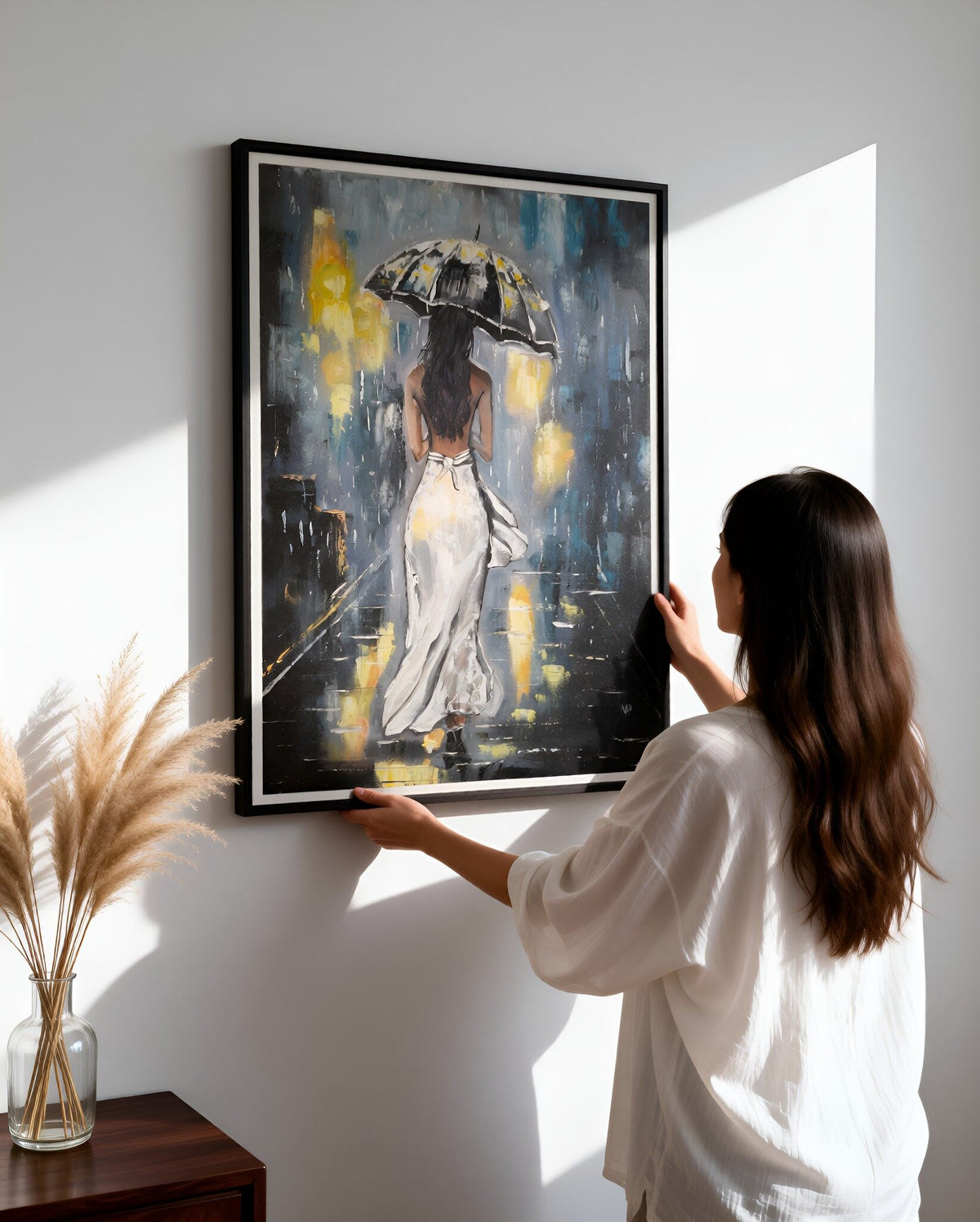 "Rainy Night Glow" — Original Romantic Figurative Oil Painting by Nataliia Plakhotnyk