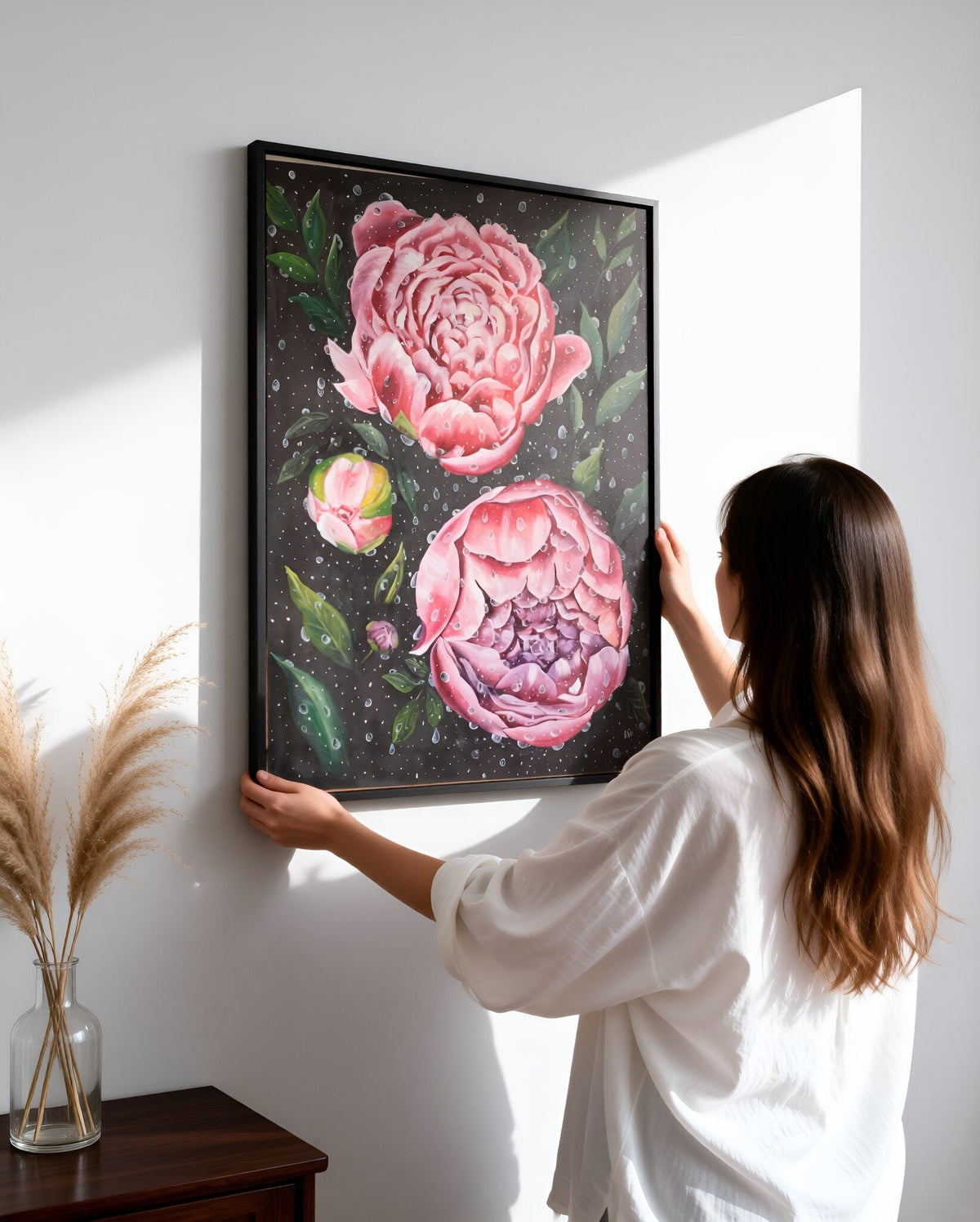 "Peonies in Drops" — Original Impressionistic Pink Peonies Oil Painting by Nataliia Plakhotnyk