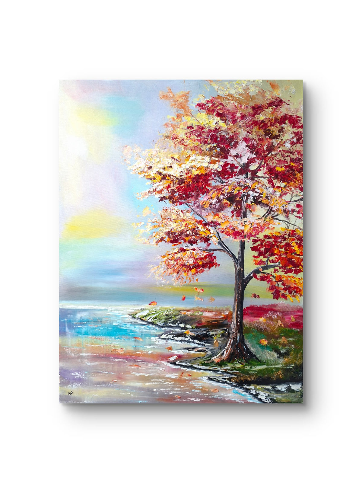 "Autumn Whispers at the Shore" — Original Large Textured Landscape Oil Painting by Nataliia Plakhotnyk