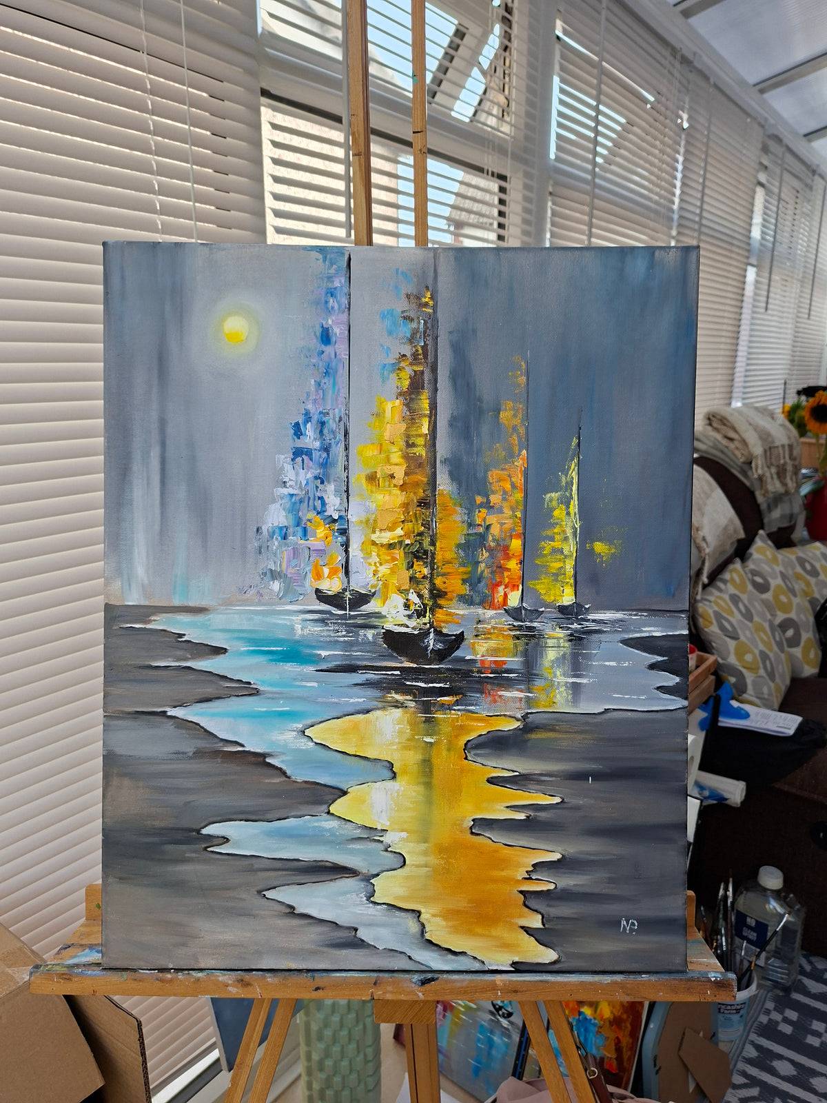 "Serenade of Light and Shadow" — Original Oil & Gold Leaf Painting by Nataliia Plakhotnyk