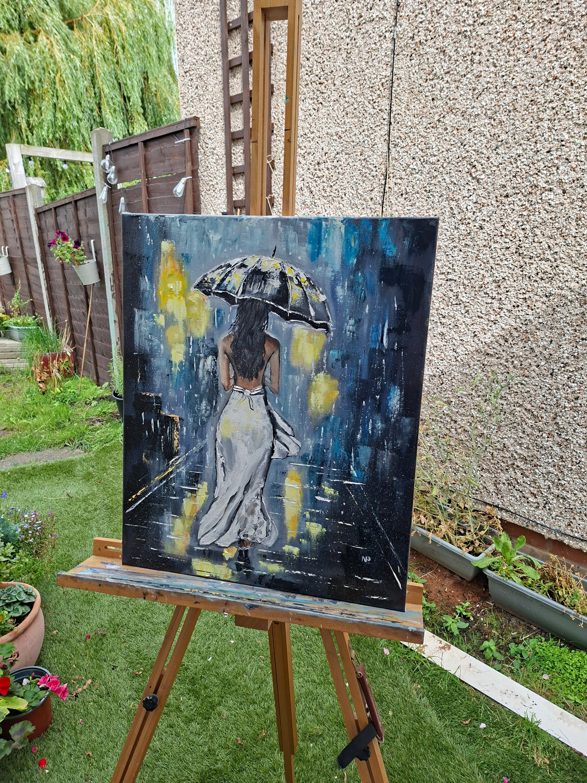 "Rainy Night Glow" — Original Romantic Figurative Oil Painting by Nataliia Plakhotnyk