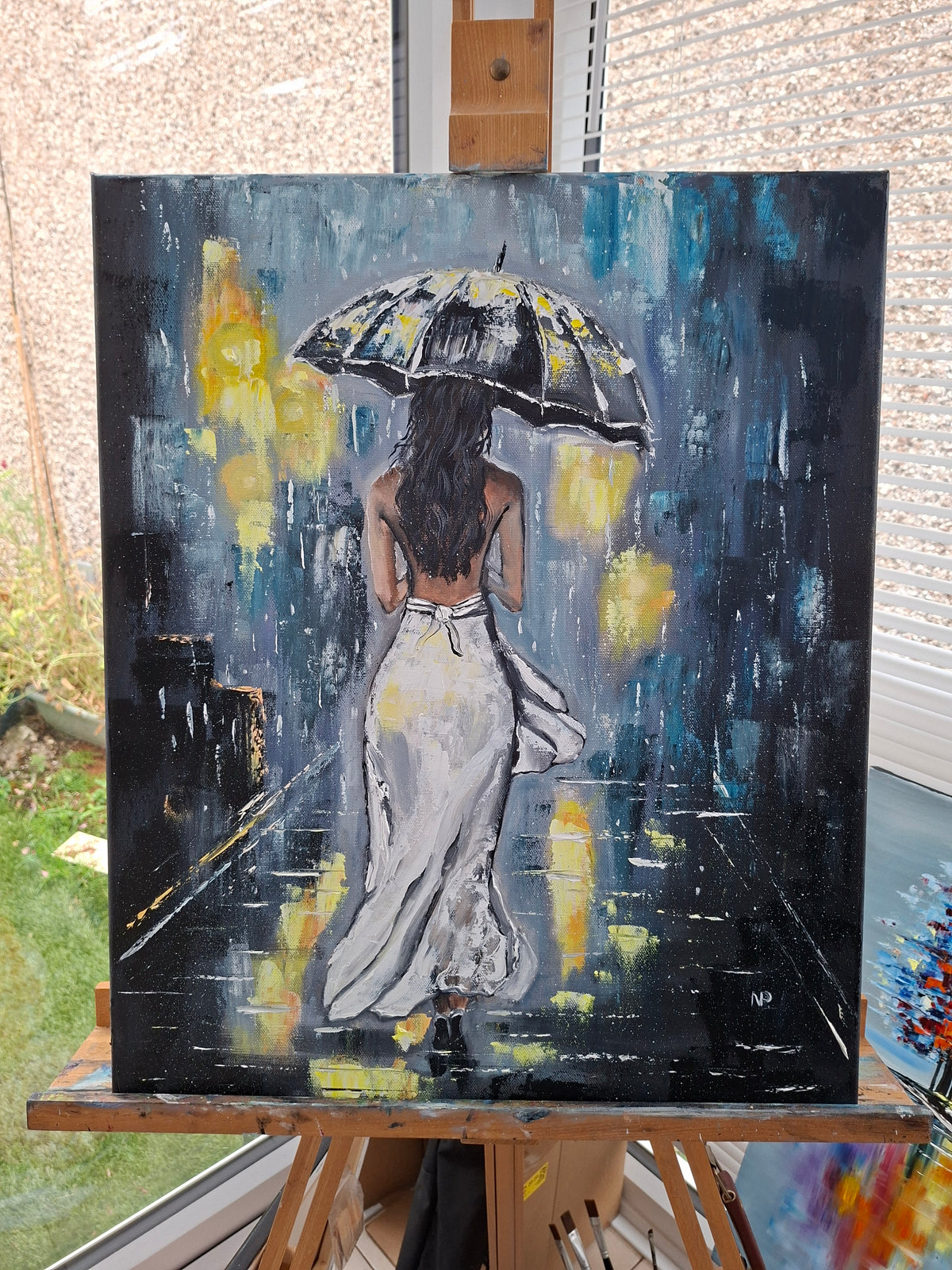 "Rainy Night Glow" — Original Romantic Figurative Oil Painting by Nataliia Plakhotnyk