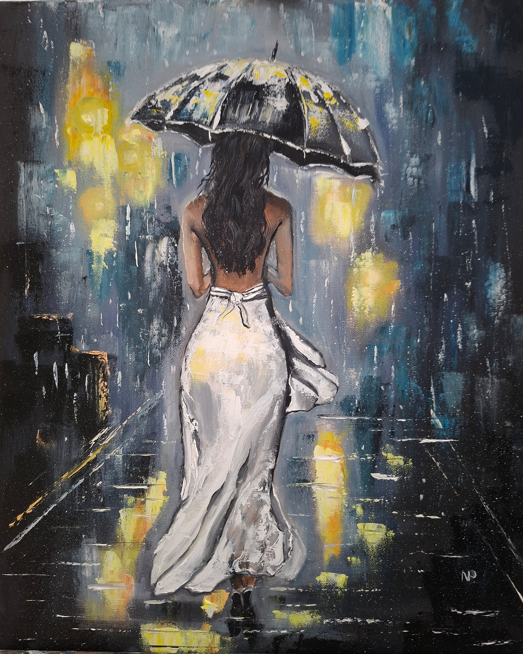 "Rainy Night Glow" — Original Romantic Figurative Oil Painting by Nataliia Plakhotnyk