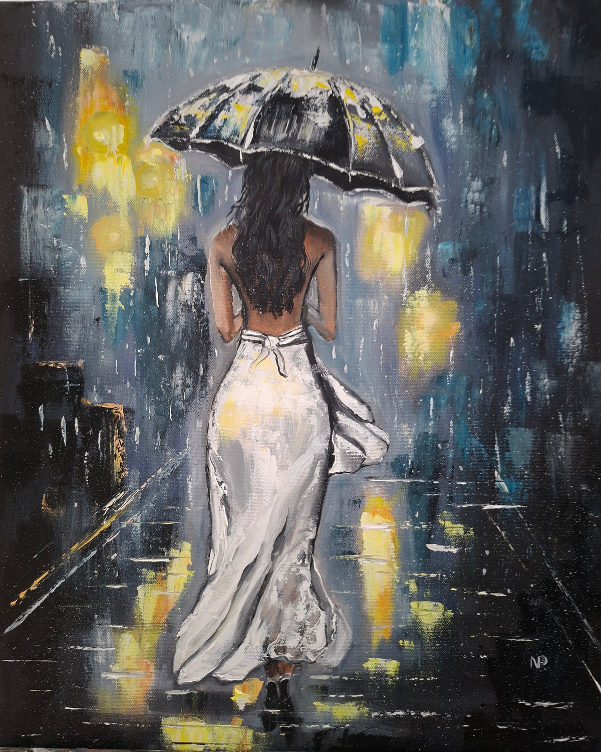 "Rainy Night Glow" — Original Romantic Figurative Oil Painting by Nataliia Plakhotnyk