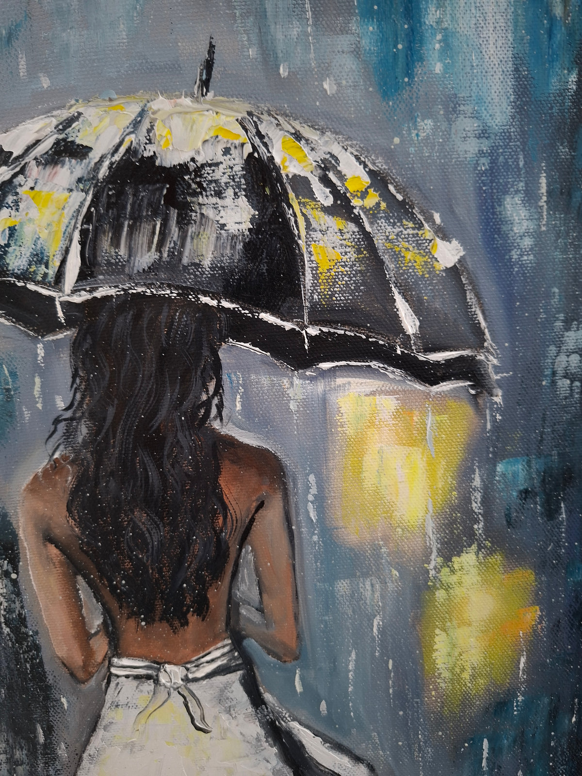 "Rainy Night Glow" — Original Romantic Figurative Oil Painting by Nataliia Plakhotnyk