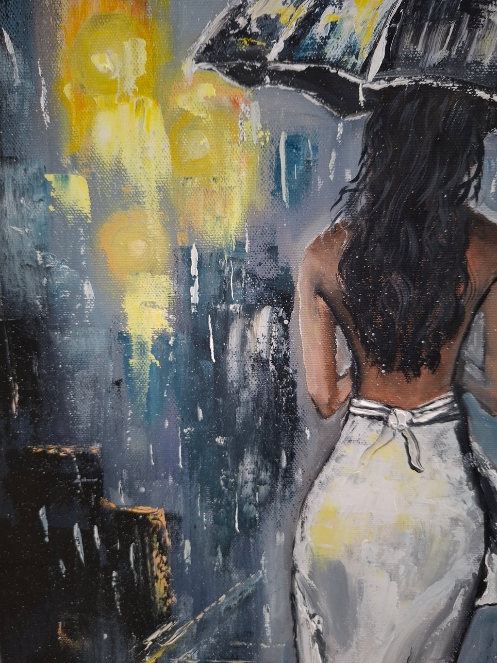 "Rainy Night Glow" — Original Romantic Figurative Oil Painting by Nataliia Plakhotnyk