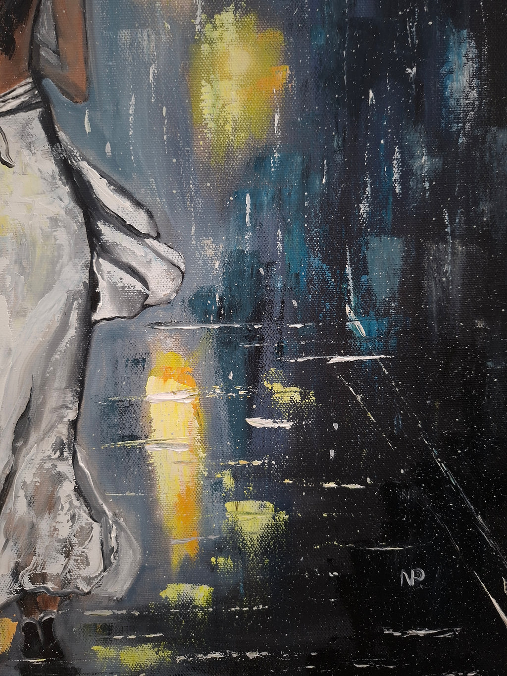 "Rainy Night Glow" — Original Romantic Figurative Oil Painting by Nataliia Plakhotnyk
