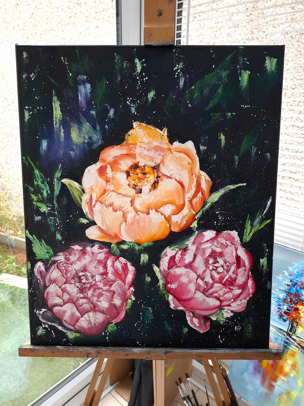 Midnight bloom, floral peonies painting