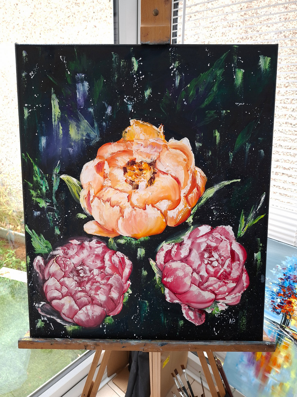 Midnight bloom, floral peonies painting