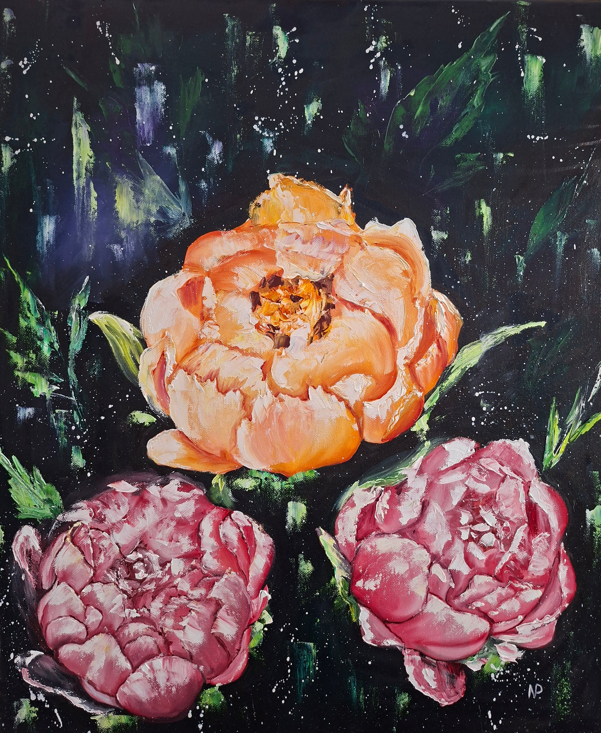 Midnight bloom, floral peonies painting