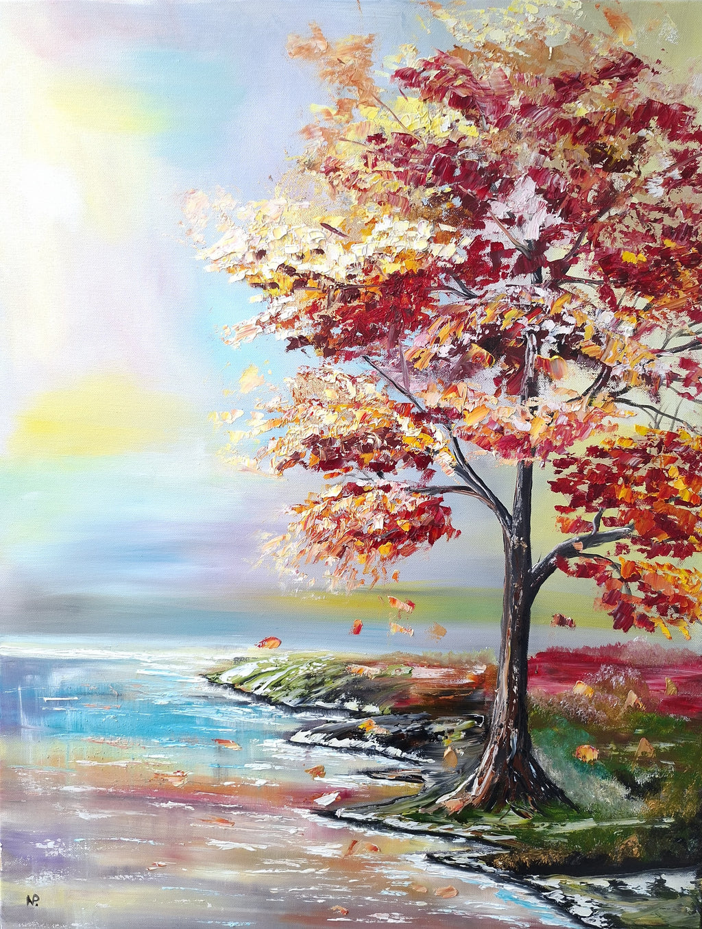 "Autumn Whispers at the Shore" — Original Large Textured Landscape Oil Painting by Nataliia Plakhotnyk