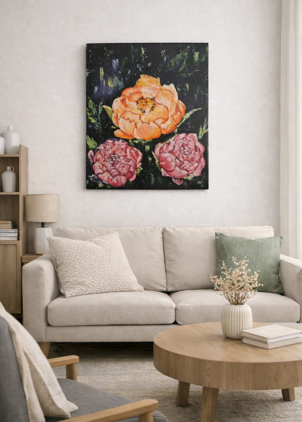 Midnight bloom, floral peonies painting