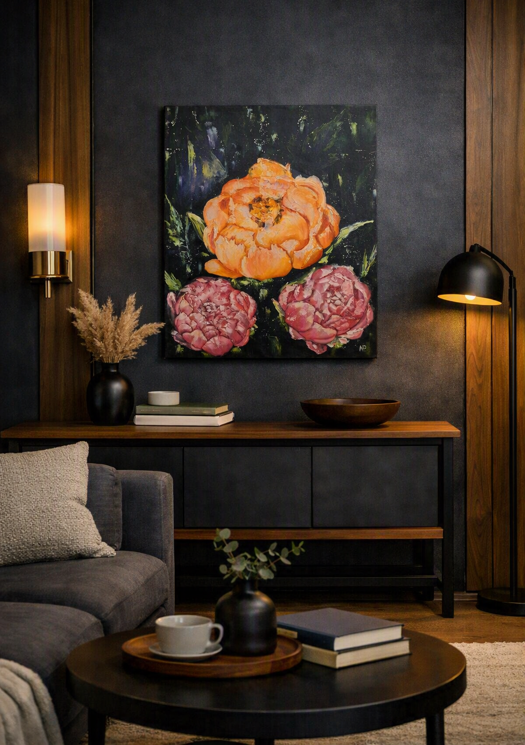 Midnight bloom, floral peonies painting